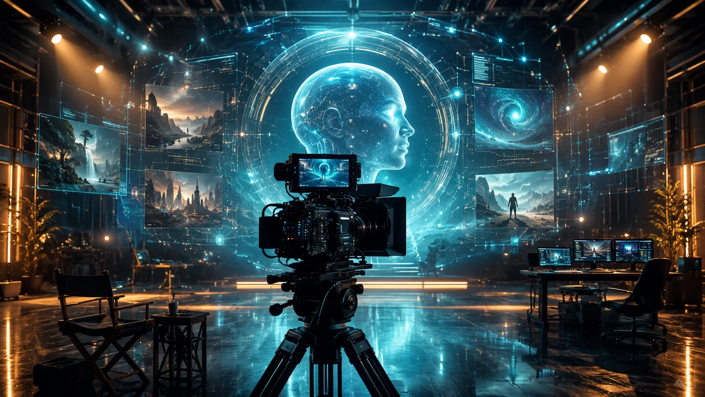 AI-assisted cinematic production set with camera and holographic screens