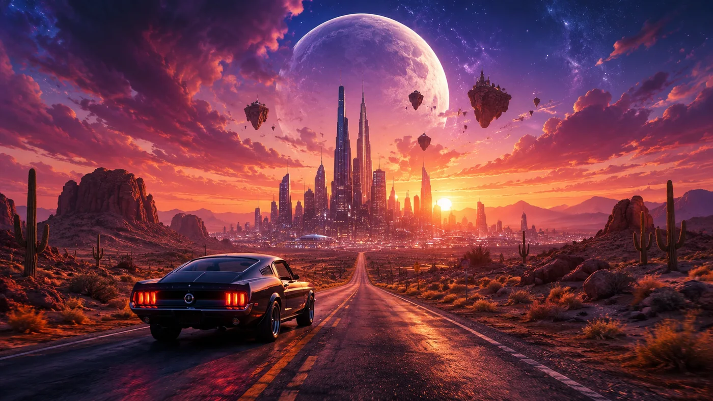 Classic car on a desert road toward a futuristic city at sunset