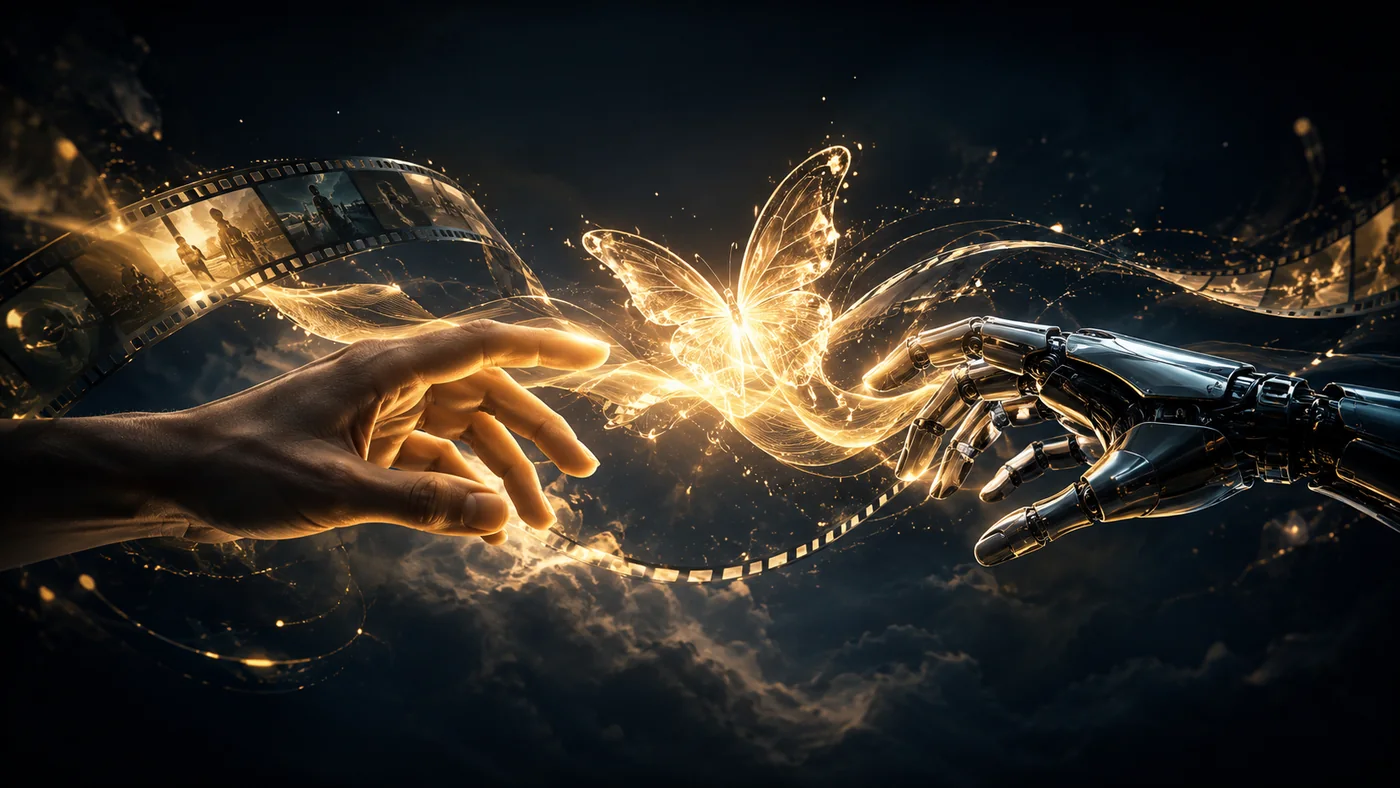 Human hand and robotic hand creating a glowing butterfly of light