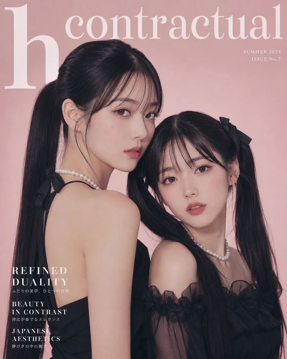 Fashion magazine style portrait of two Japanese women on pink background