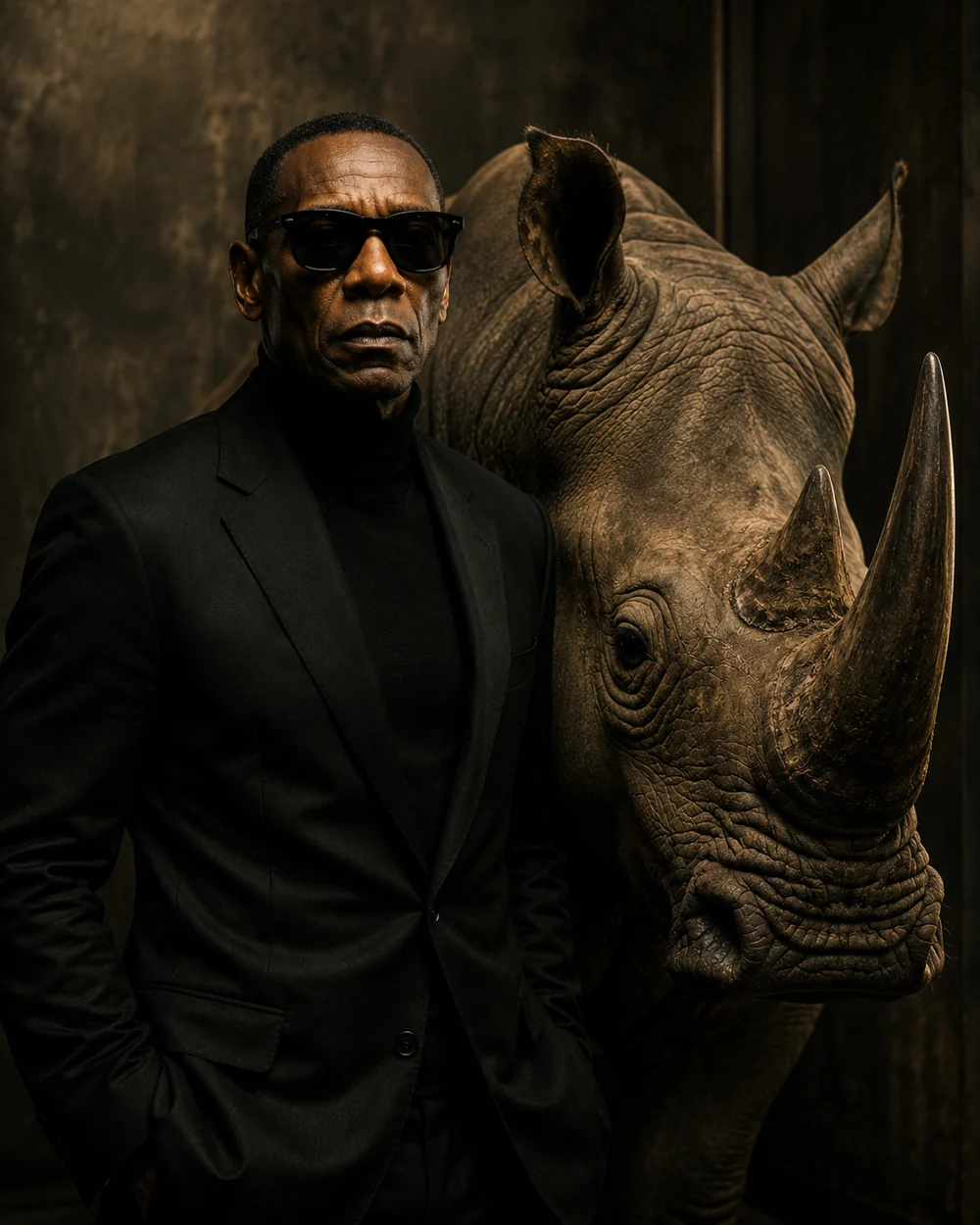 Dramatic cinematic portrait of a man in black with a rhinoceros