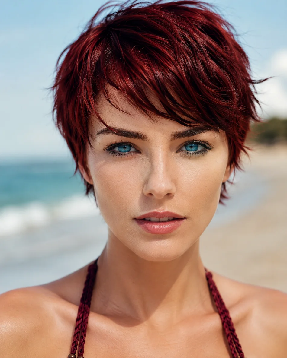 High-end beach beauty portrait with red hair and blue eyes
