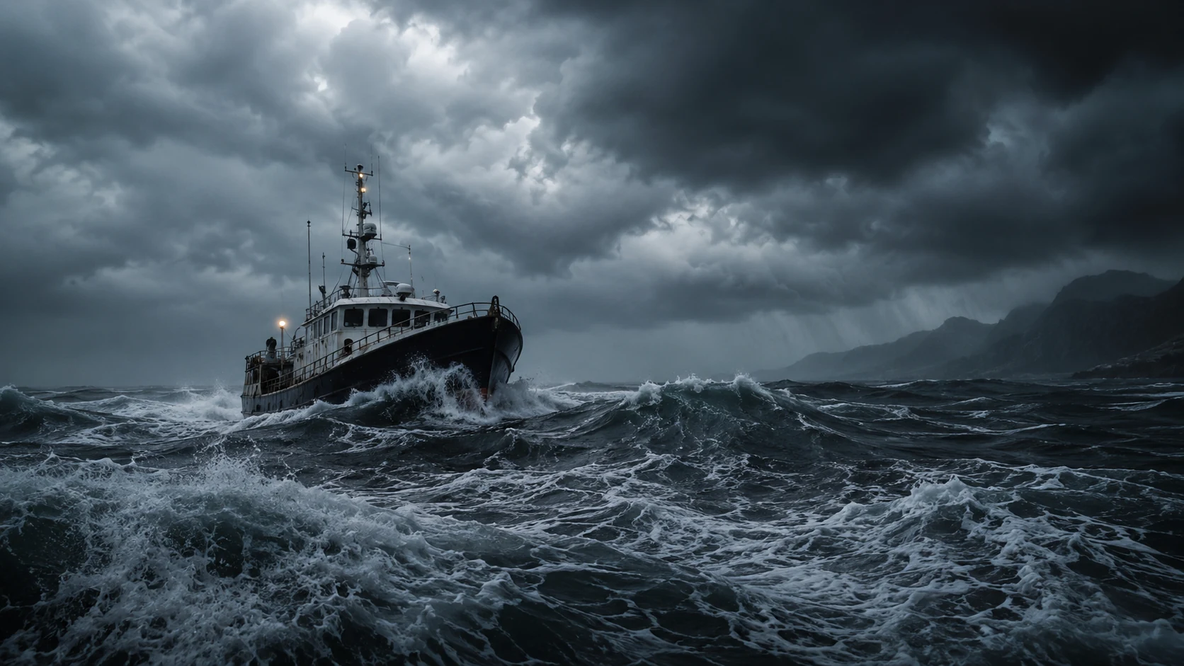 Cinematic storm at sea with a ship cutting through rough waves under dark clouds